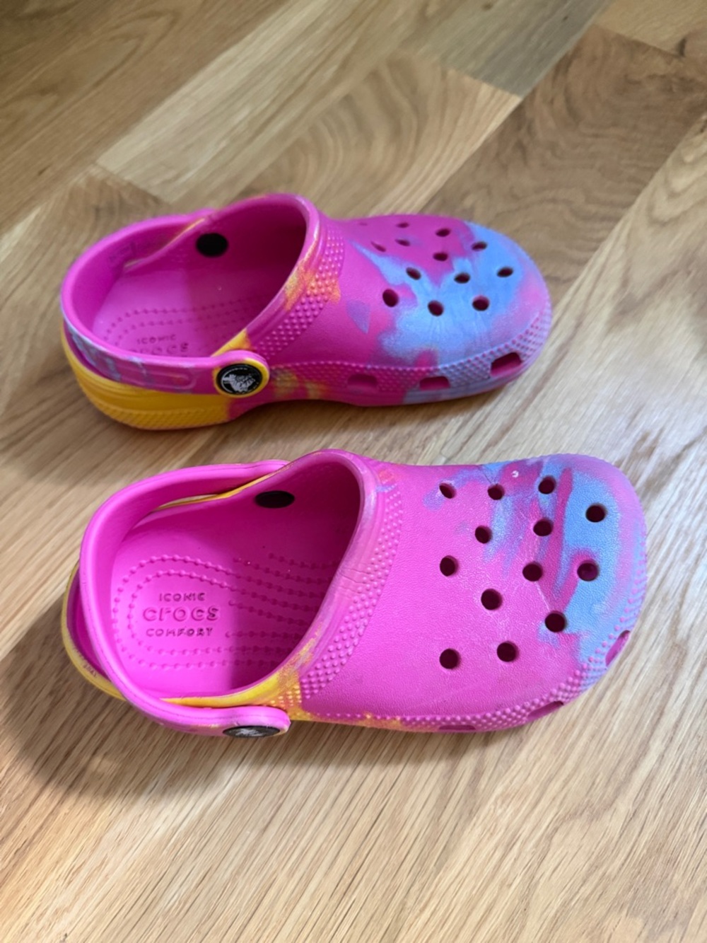 CROCS Kids' Pink Tie-Dye Clog with Blue and Yellow Accents